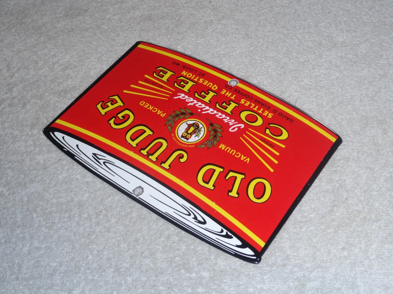 VINTAGE OLD JUDGE COFFEE CAN +OWL 7 3/4" PORCELAIN METAL SODA, GASOLINE OIL SIGN