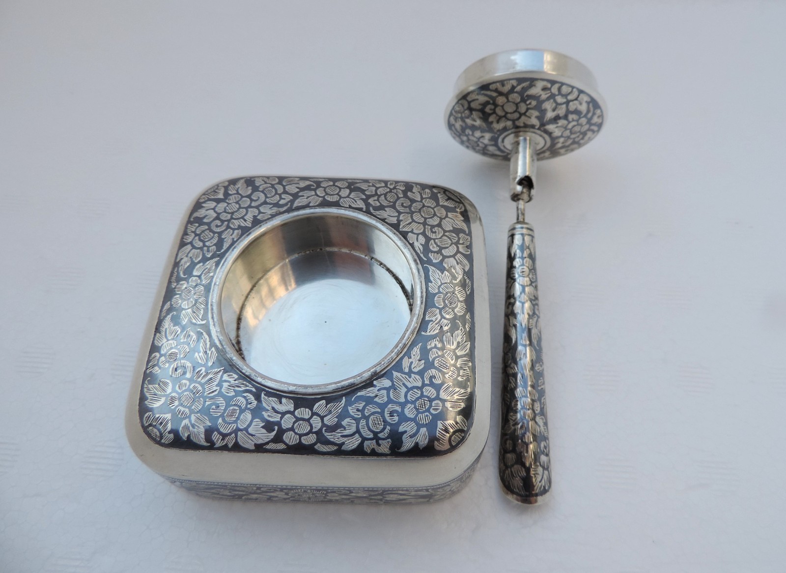 Thai Nakon Siam Sterling Silver Niello Pen Pencil Holder box Desktop Stand 205g