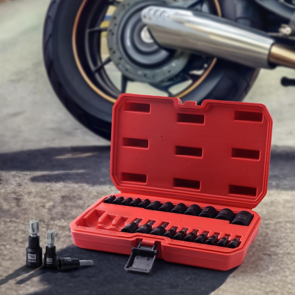 25 Piece Torx Bit and Socket Set, 13 Star Bits (T8- T60) & 12 E-Torx Sockets ...