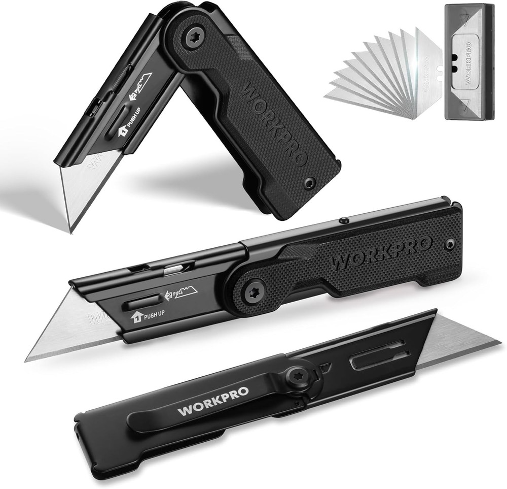 WORKPRO 3-Pack Folding Utility Knife Set, G10 Handle Box Cutter with 10 Extra SK