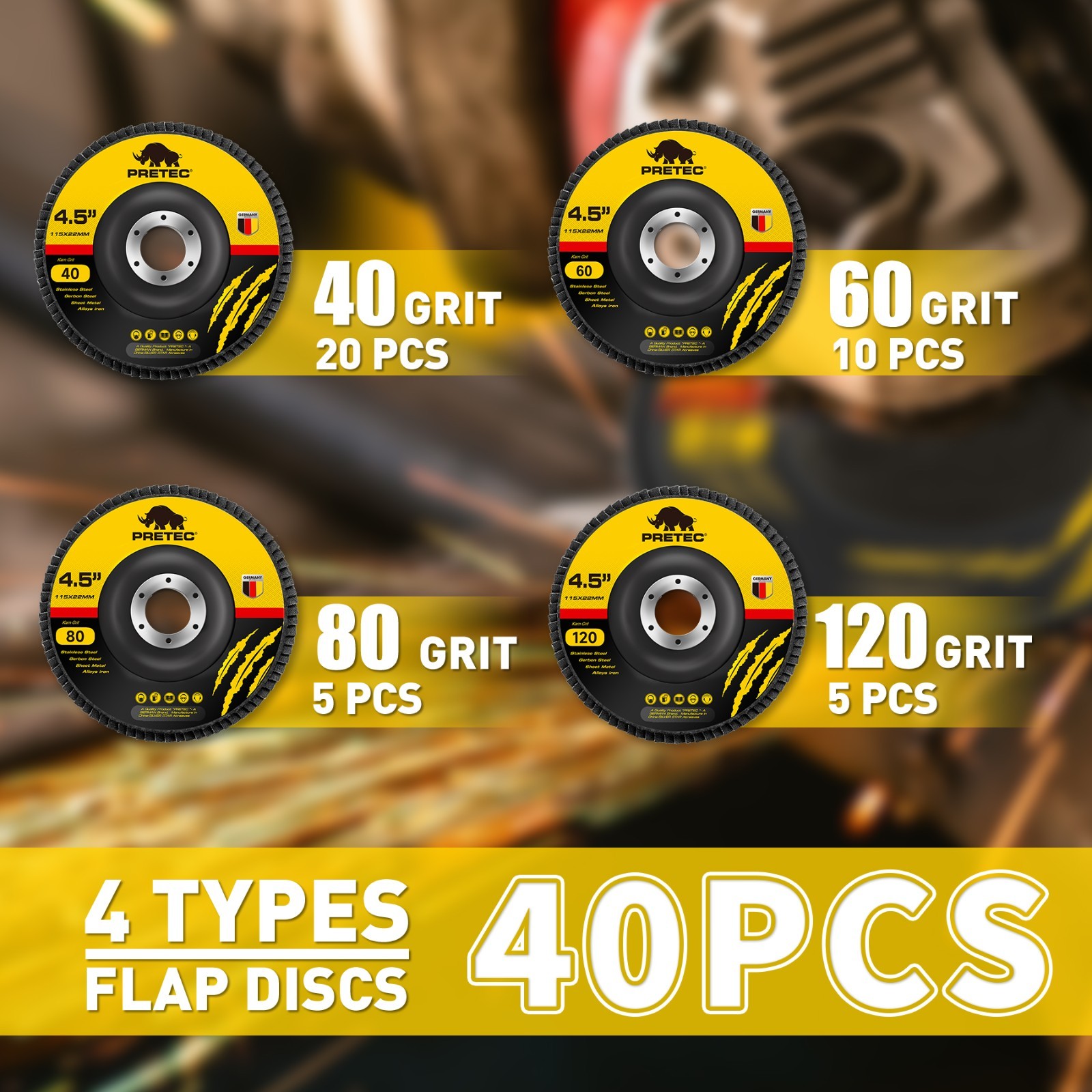 40 Pack 4.5" 4-1/2" Zirconia Flap Disc 40 60 80 120 Grit Sanding Grinding Wheels