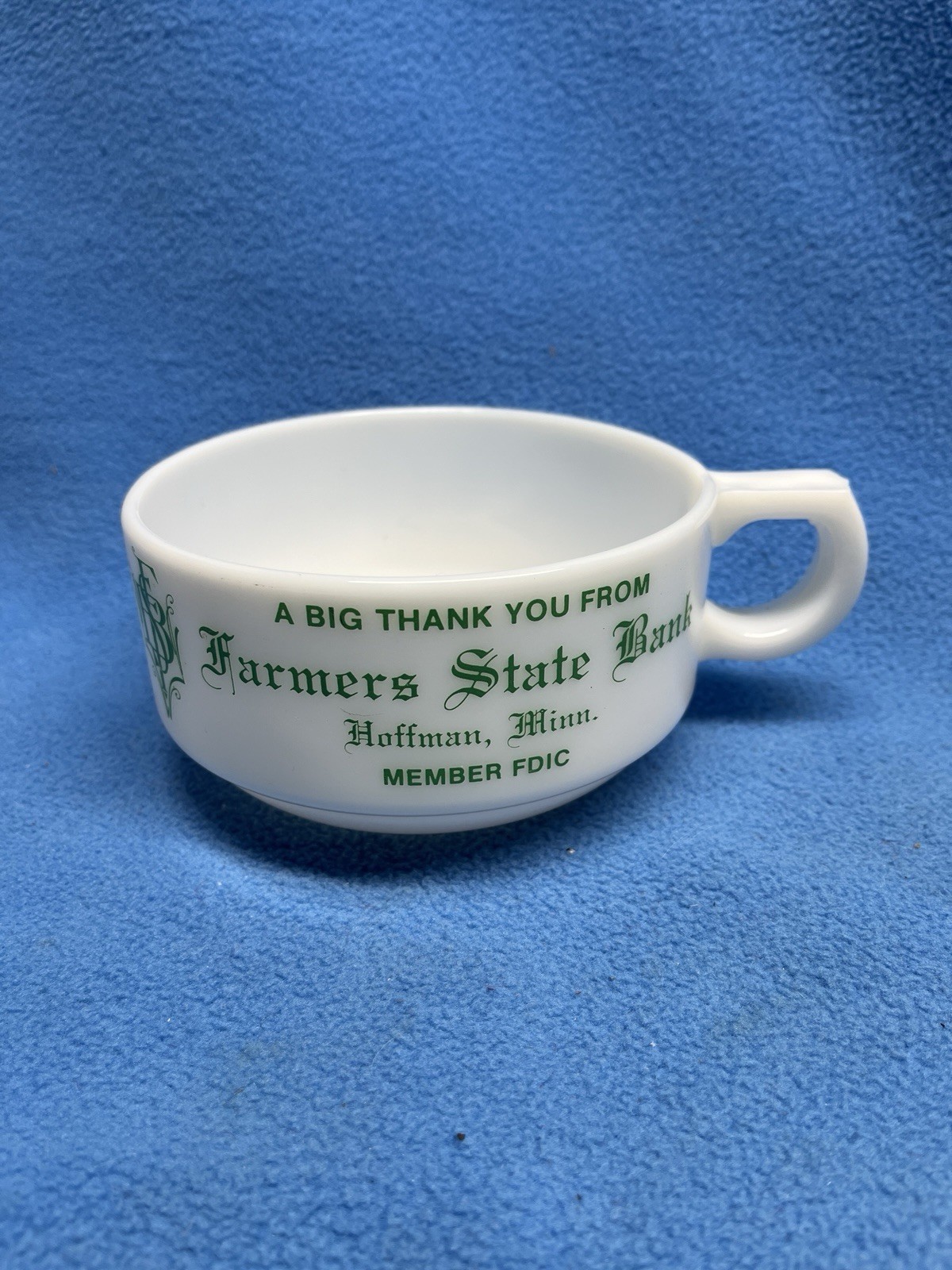 Vintage Milk Glass Mug Cup Farmers State Bank Hoffman MN