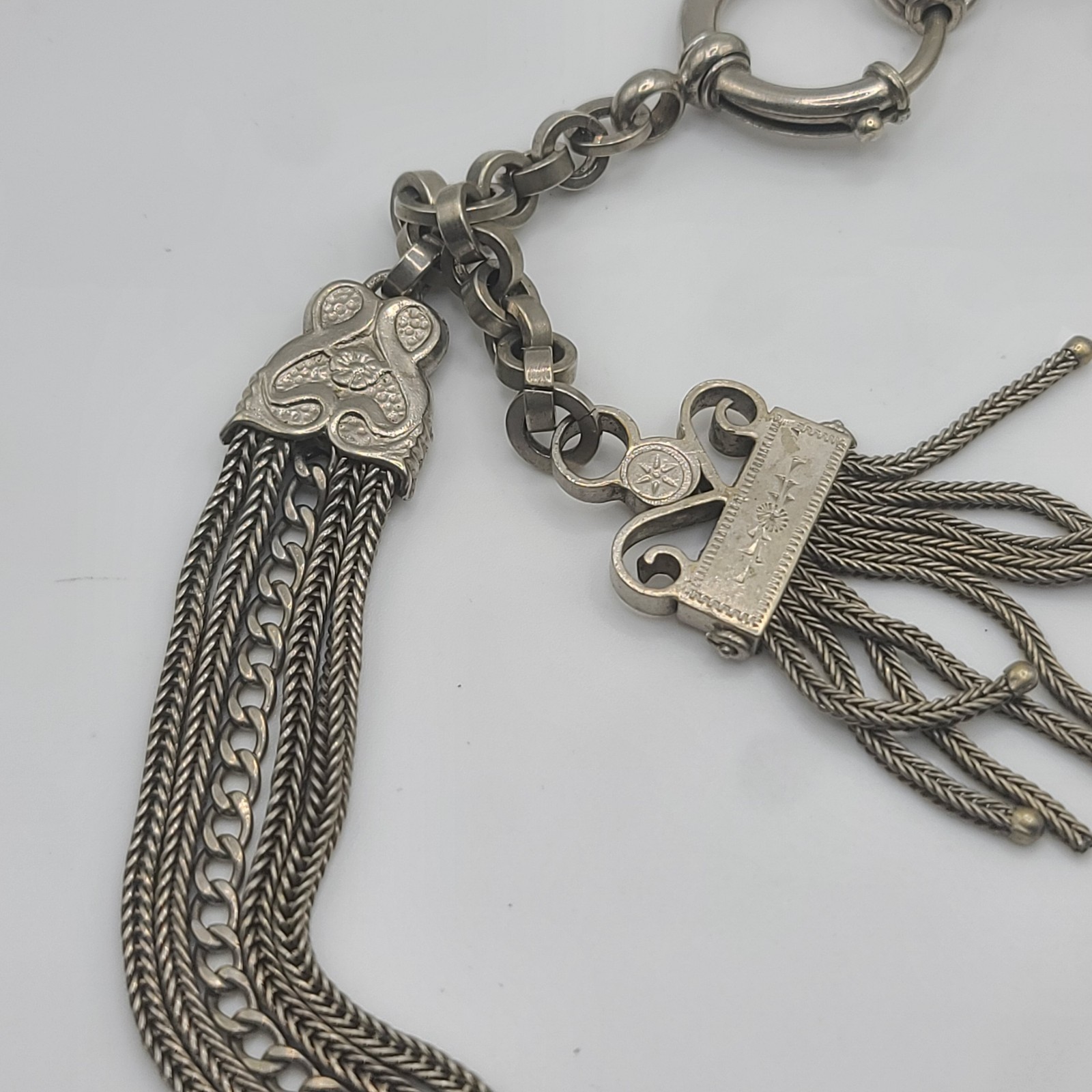 Vintage Slider Watch Chain Fob Gold Stone Fringe Silver Tone HEAVY NICE