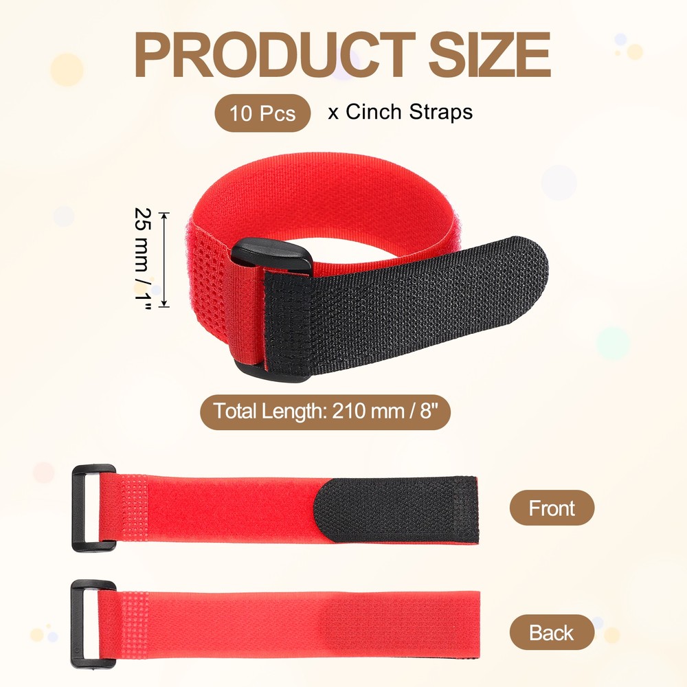 10pcs Reusable Cinch Straps 1"x8" Hook and Loop Cable Securing Straps, Red