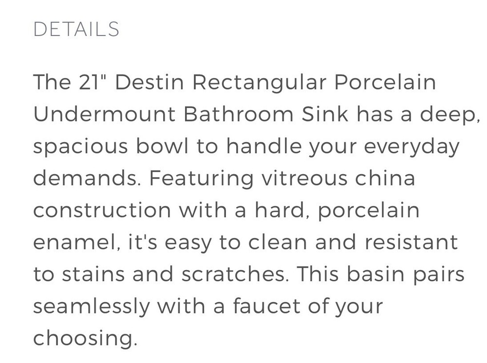 Signature Hardware Destin Rectangular 21”Porcelain Undercount Bathroom Sink
