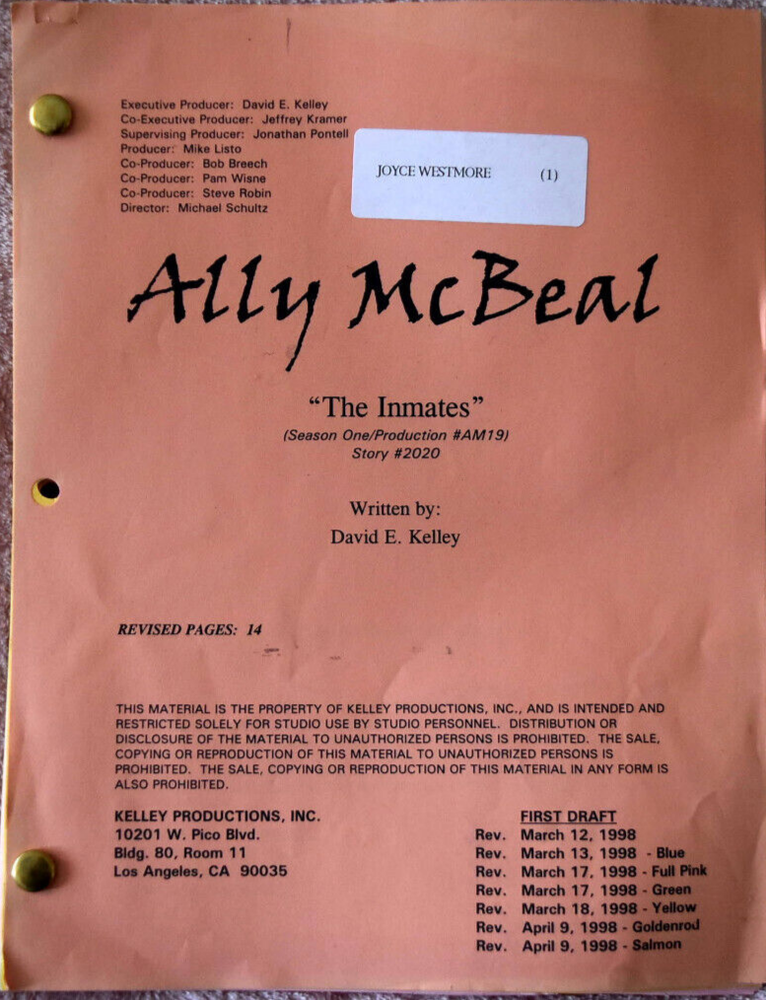 7 Original Ally McBeal Screenplays Scripts Including The Playing Field, Inmates.
