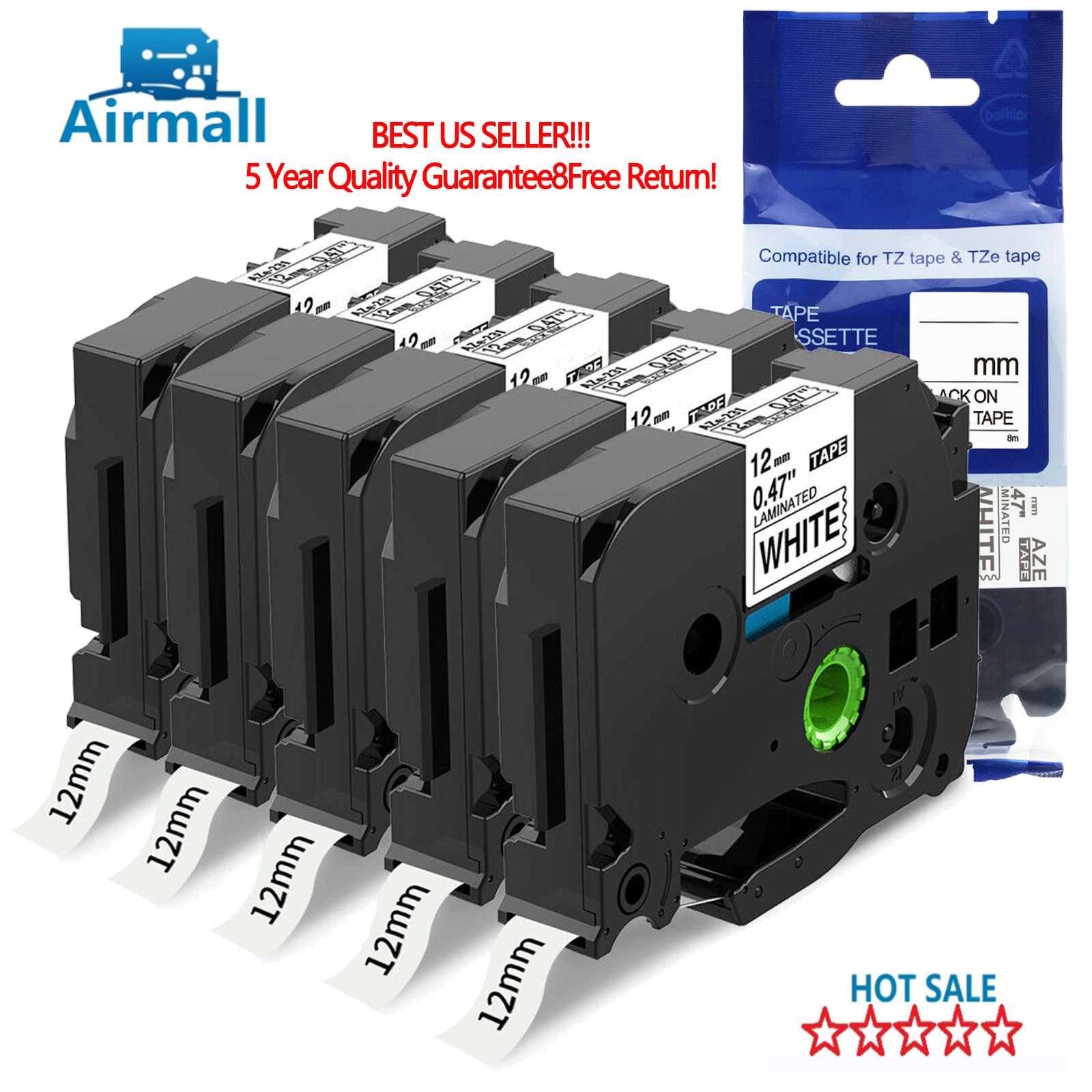 5PK For Brother P-Touch TZe-231 TZ-231 12mm White Standard Laminated Label Tape