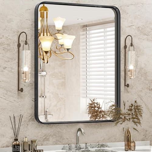 Black Metal Framed Vanity Rounded Rectangle 36"L x 24"W Matte Black Modern