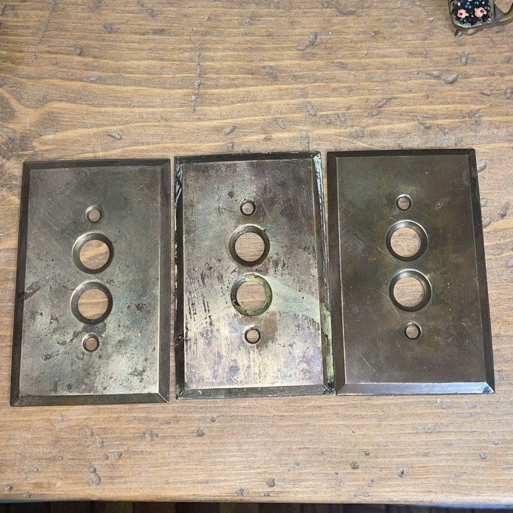 3 Vtg Antique Brass Push Button Switch Plate Box Cover