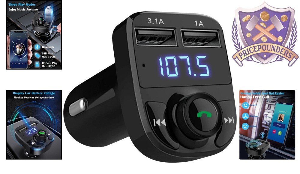 Wireless Bluetooth FM Transmitter Car Charger, Dual USB, Handsfree Call Adapter