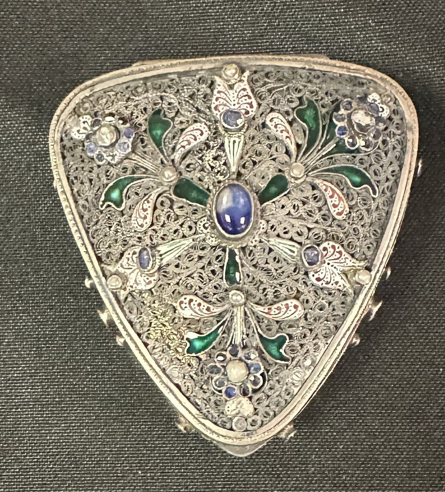 Antique Austrian Jeweled Silver Box Enameled Triangular with Great Work