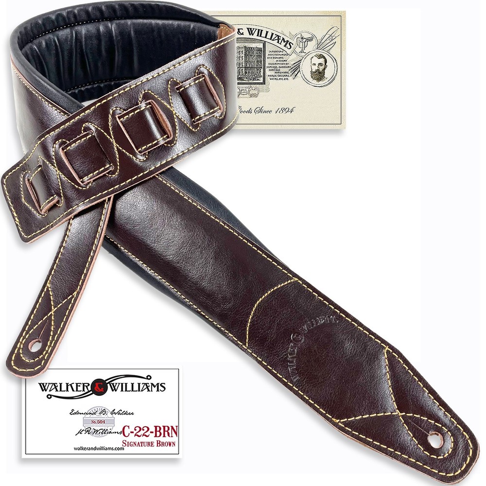 Walker & Williams C-22  Extra Wide Double Padded Dark Brown Leather Guitar Strap