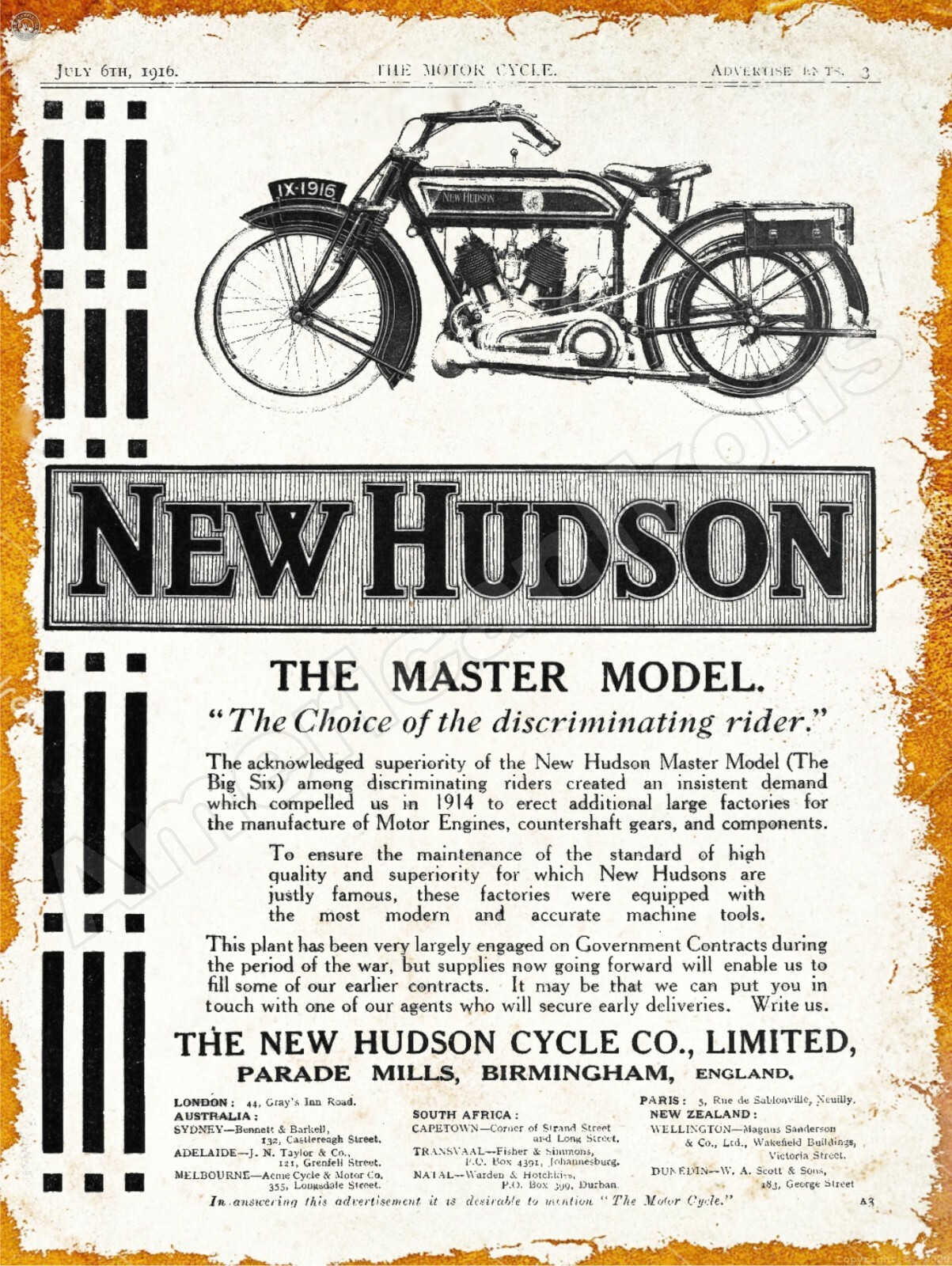 1916 New Hudson Motorcycles Master Model New Metal Sign: Birmingham, England