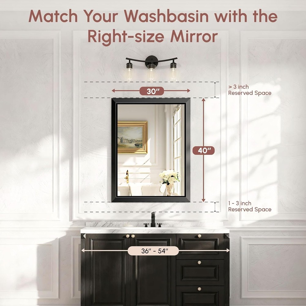 USHOWER 30x40" Rectangular Bathroom Mirror Black Aluminum Frame Beveled Mirror