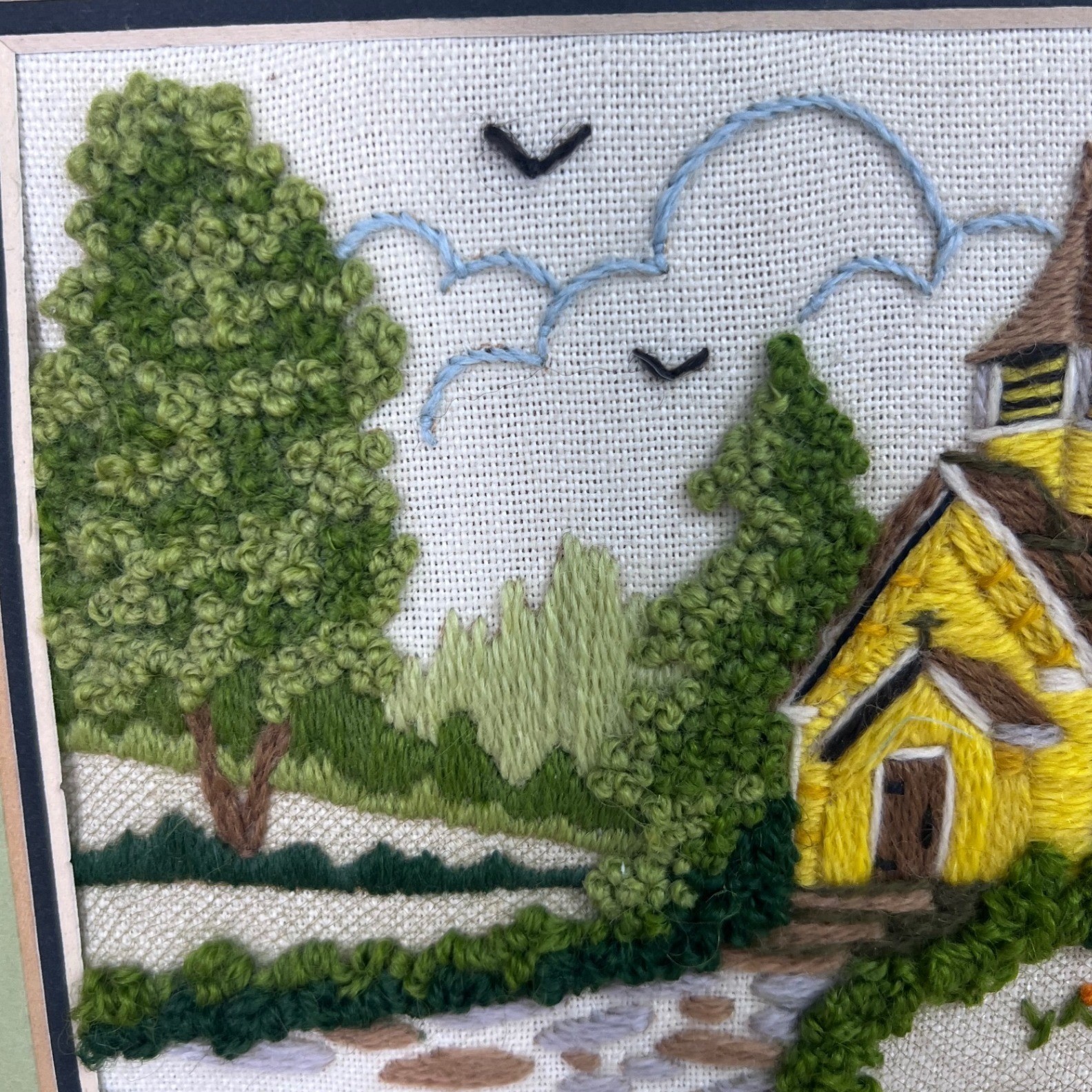 Vintage Crewel Embroidery Completed Woodside Church Framed 5x7 1980's Handmade