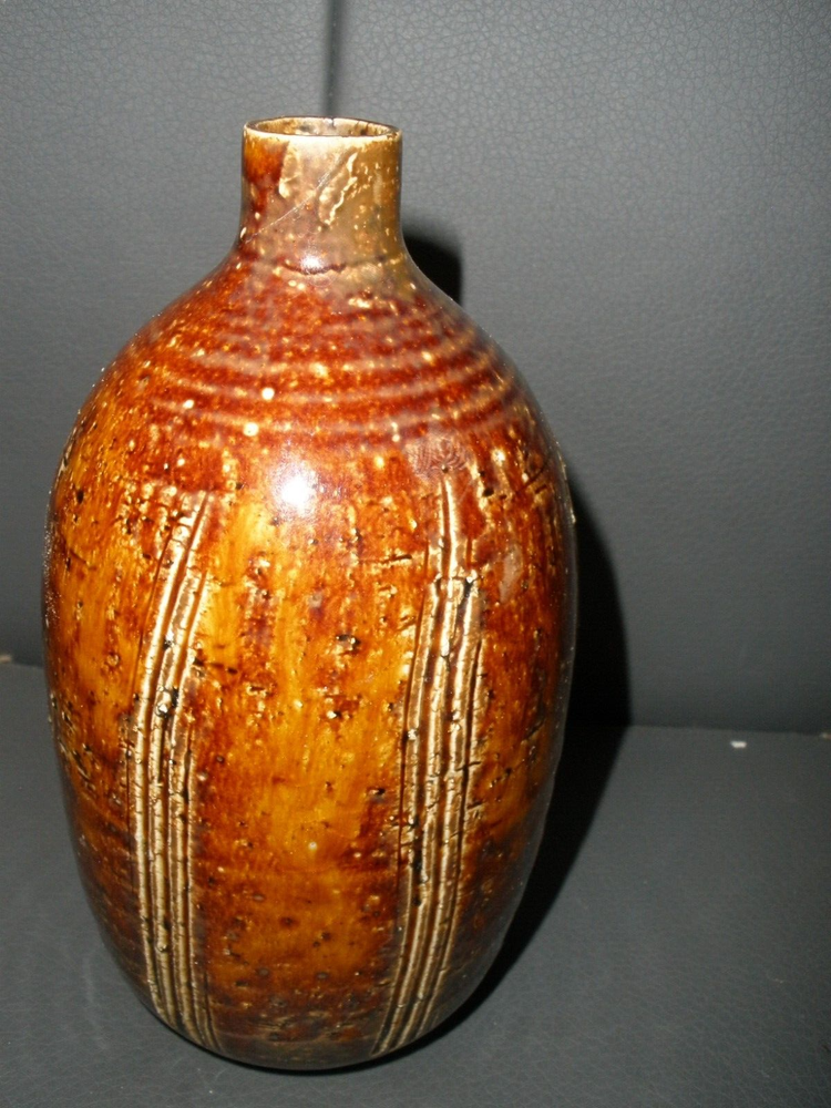 Handmade Brown Pottery Jug Vase 5.5" EUC