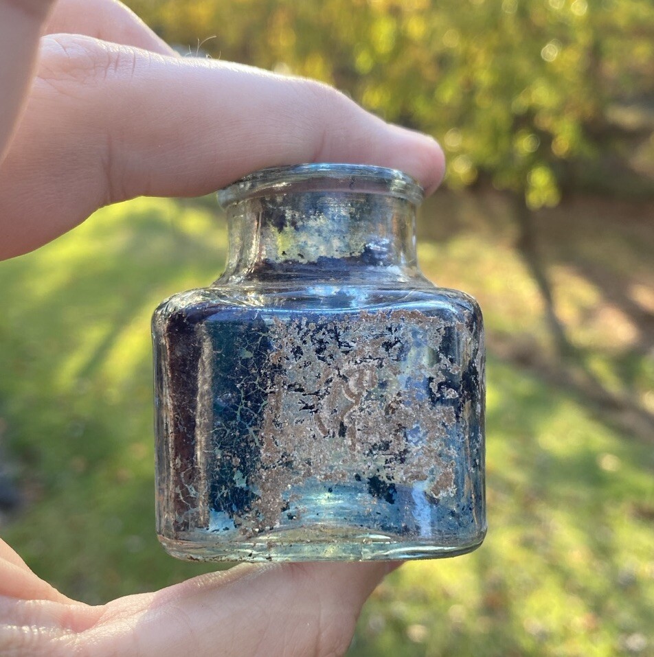 Clear Inkwell With Blue Ink And Partial Label