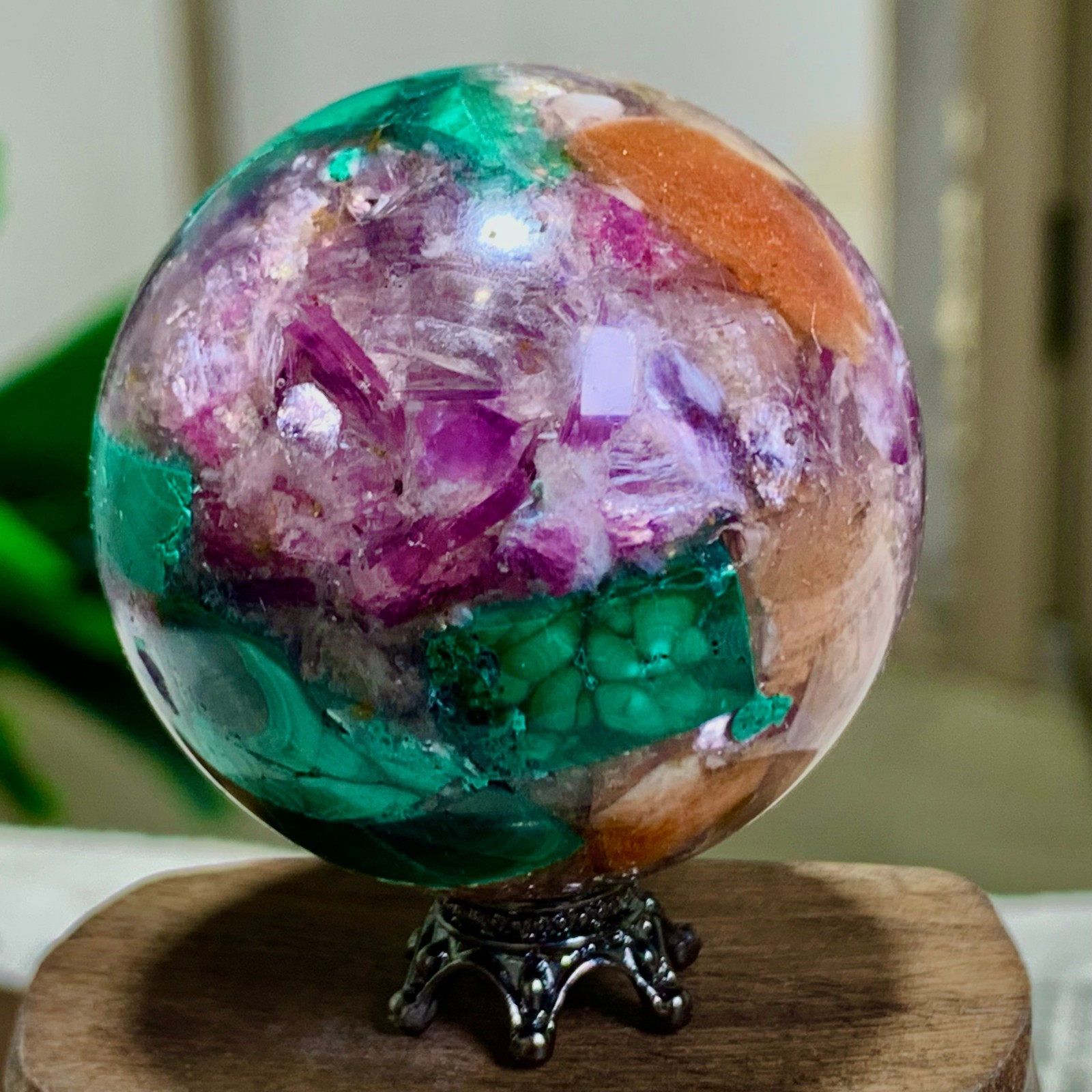 117G Newly discovered rare malachite purple mica symbiotic sphere restoration