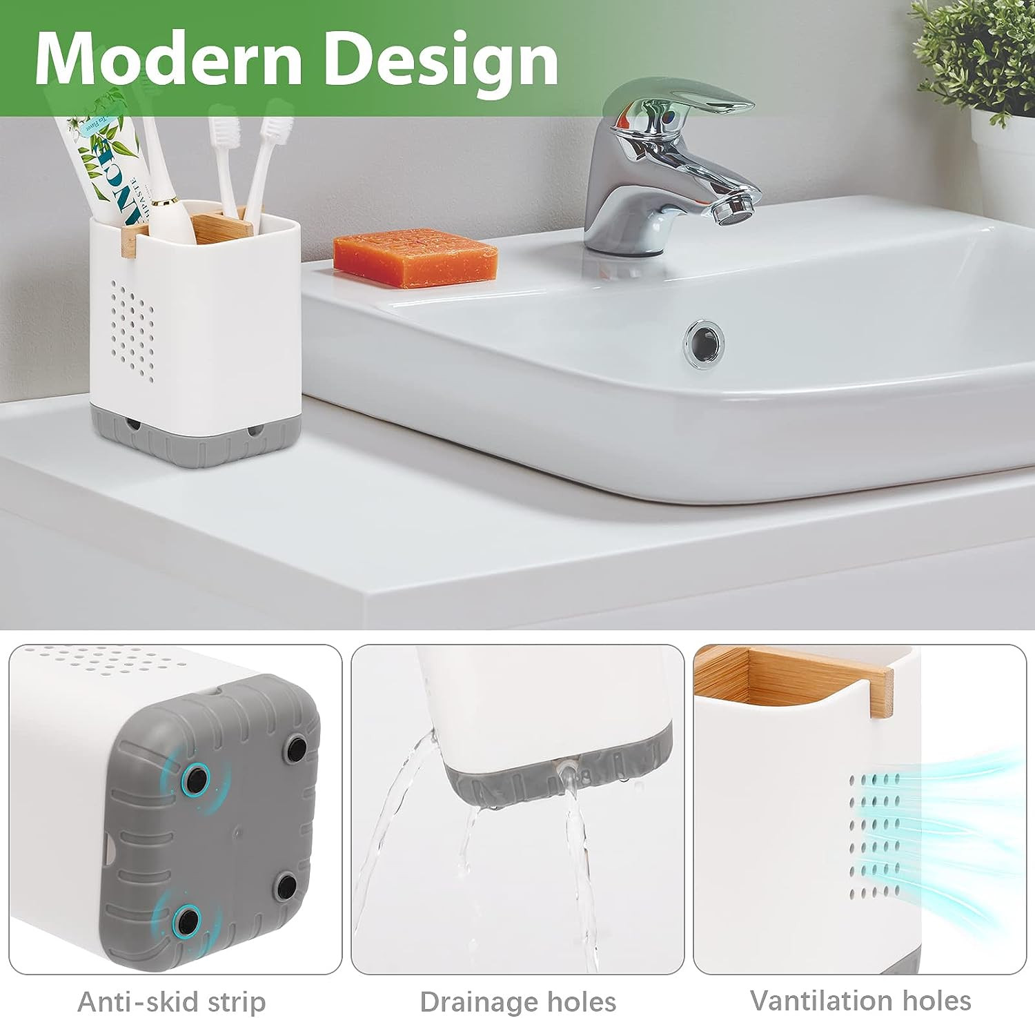 Toothbrush Toothpaste Holder Bathroom Countertop Organizer with Bamboo Divider