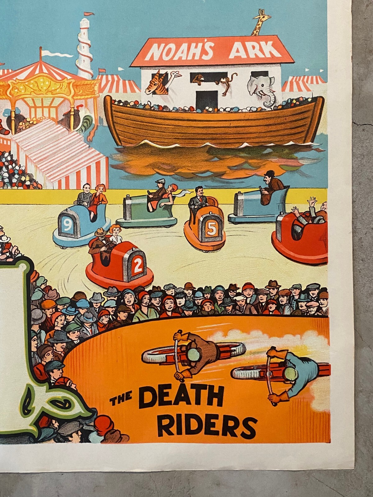 Antique/VTG 30's Carnival Fun Fair Poster, Motorcycle Death Riders, Ghost Train