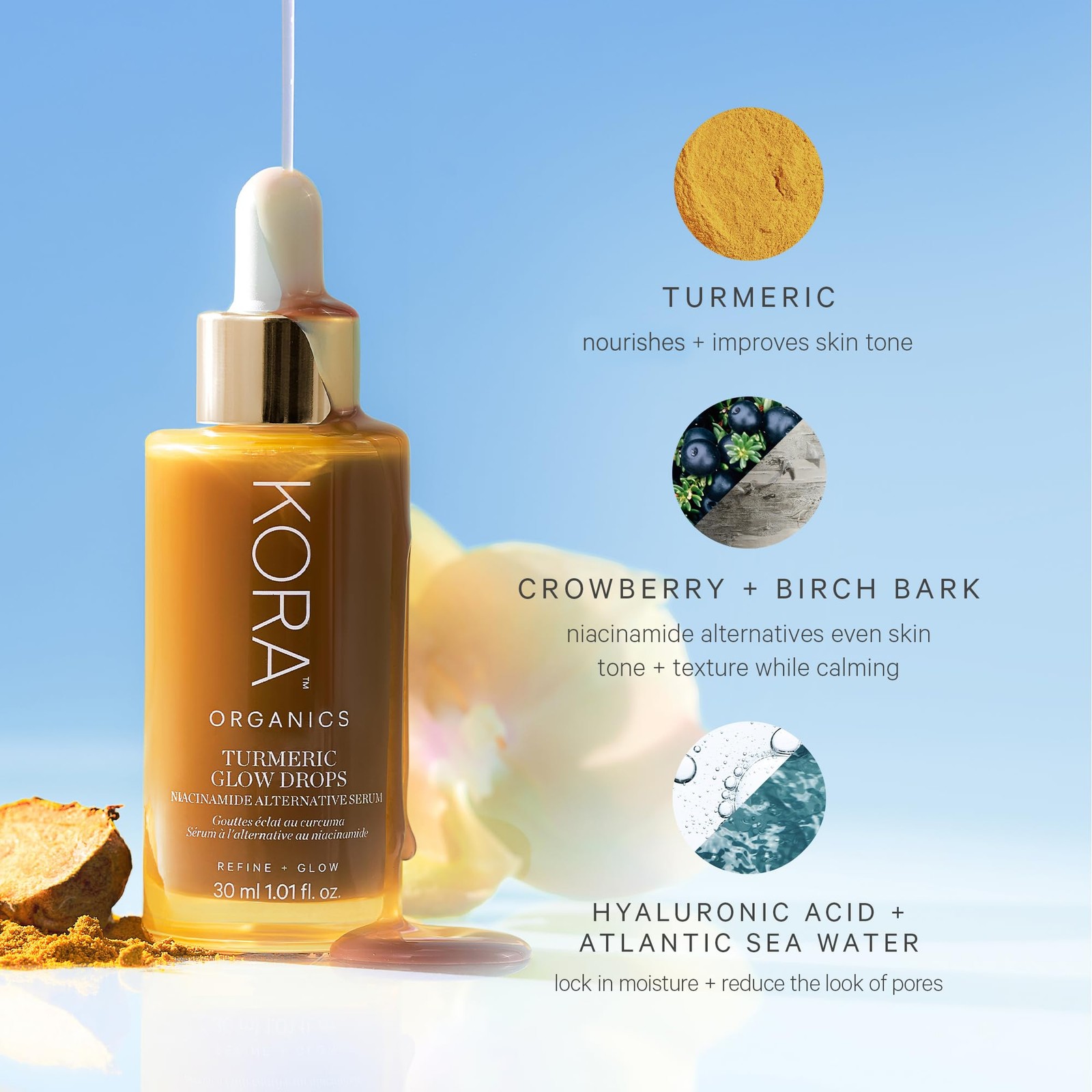 KORA Organics Turmeric Glow Drops, Certified Organic Radiance Face Serum with Ni
