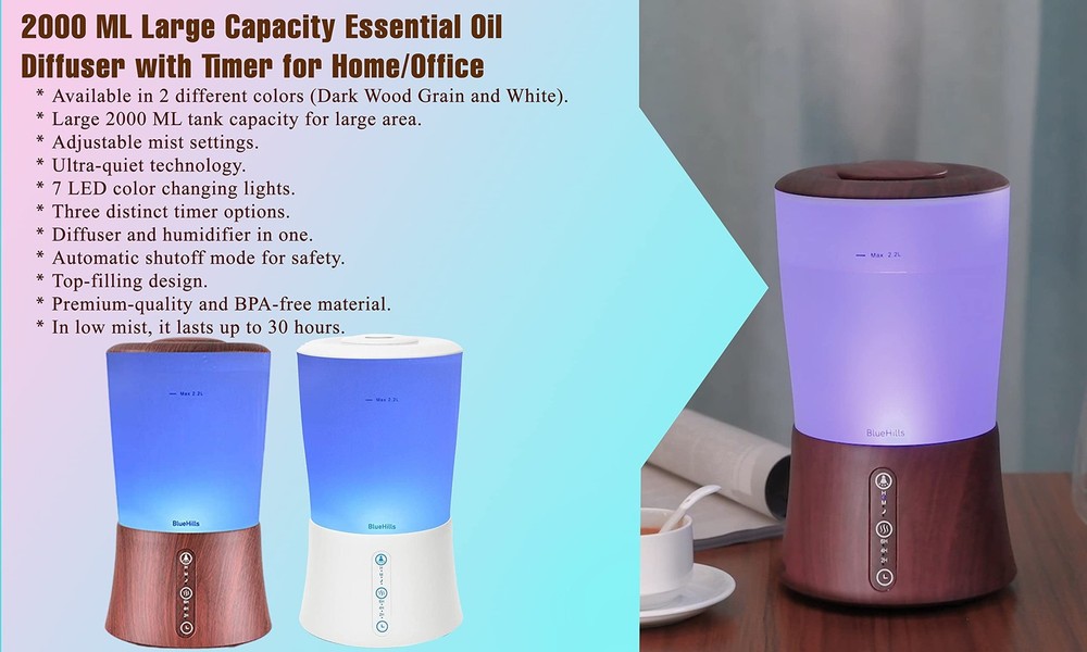 BlueHills Large Essential Oils Diffusers for Large Rooms Set of 2 2000ML Capa...
