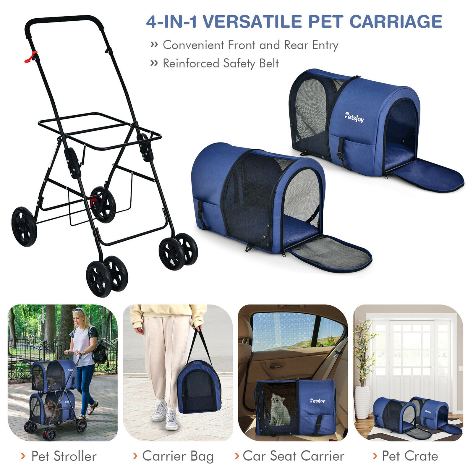 4-in-1 Double Pet Stroller w/ Detachable Carrier Travel Carriage for Cats Blue