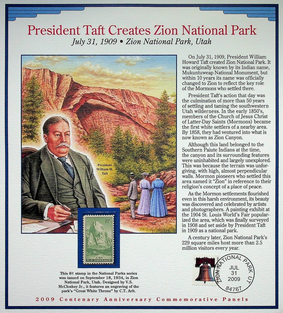Zion National Park Established by President Taft Stamp Panel • 2009 Centenary