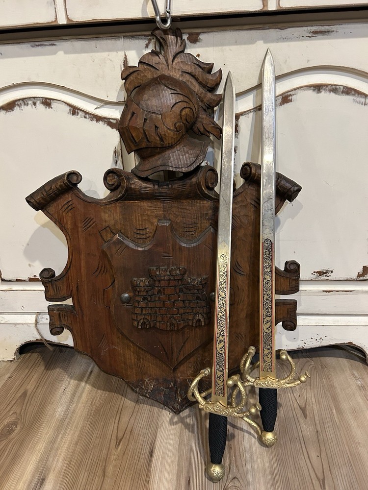 Vintage Solid Wood Armor & Sword Display.
