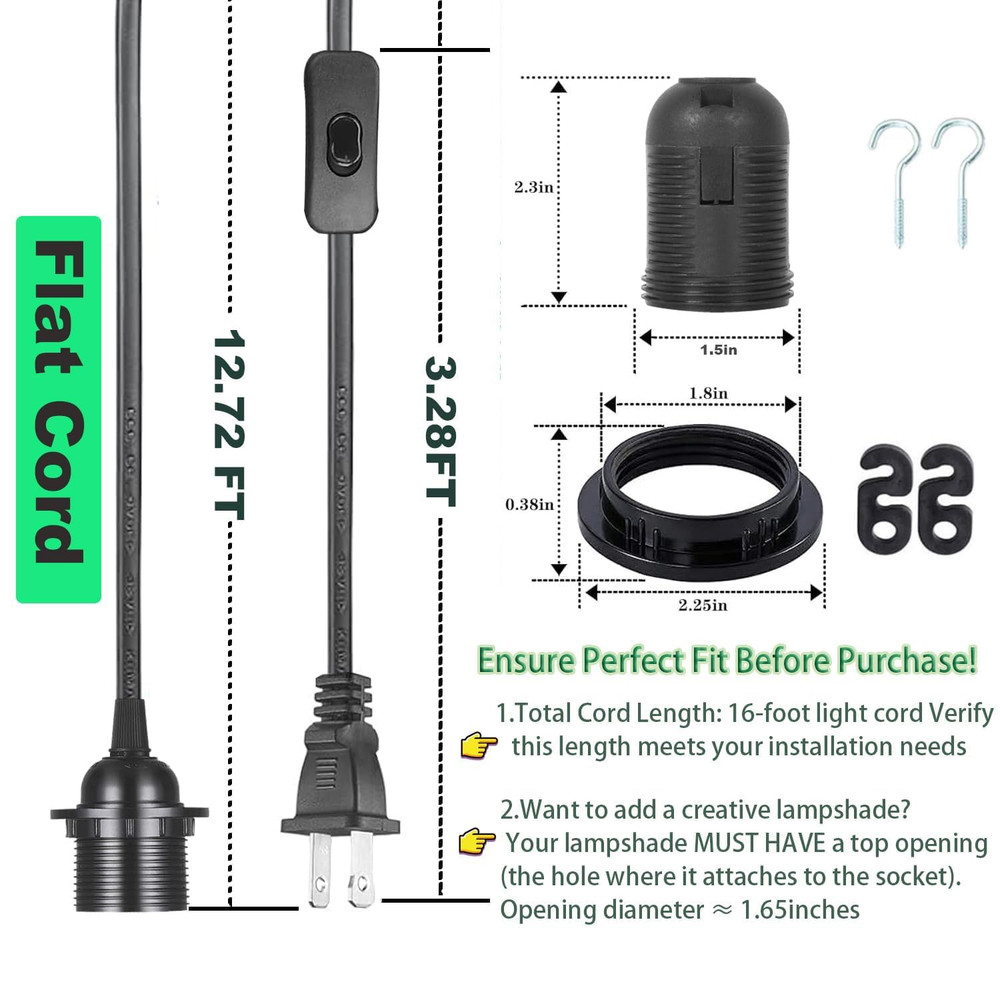 Plug in Pendant Light Cord - 16Ft Hanging Light Kit E26/E27 Light Socket Hanging
