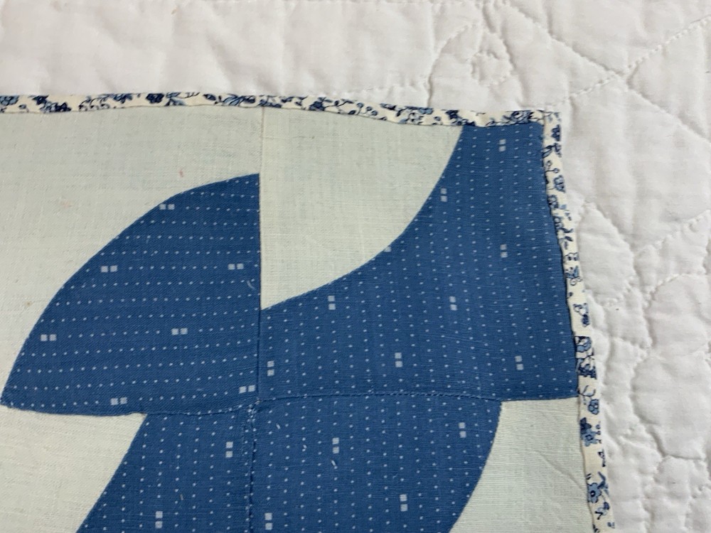 Antique Vintage Patchwork Quilt Table Topper, Drunkards Path, Blue & White