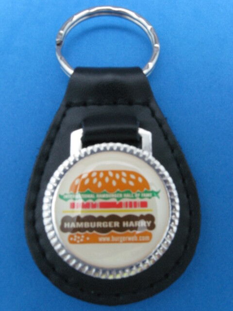 HAMBURGER CHEESEBURGER BLACK LEATHER KEYRING KEYFOB #167 WHITE