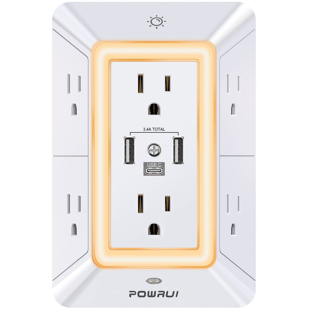 POWRUI Multi Plug 6 Outlet Surge Protector Extender with 3 USB 2U1C, White