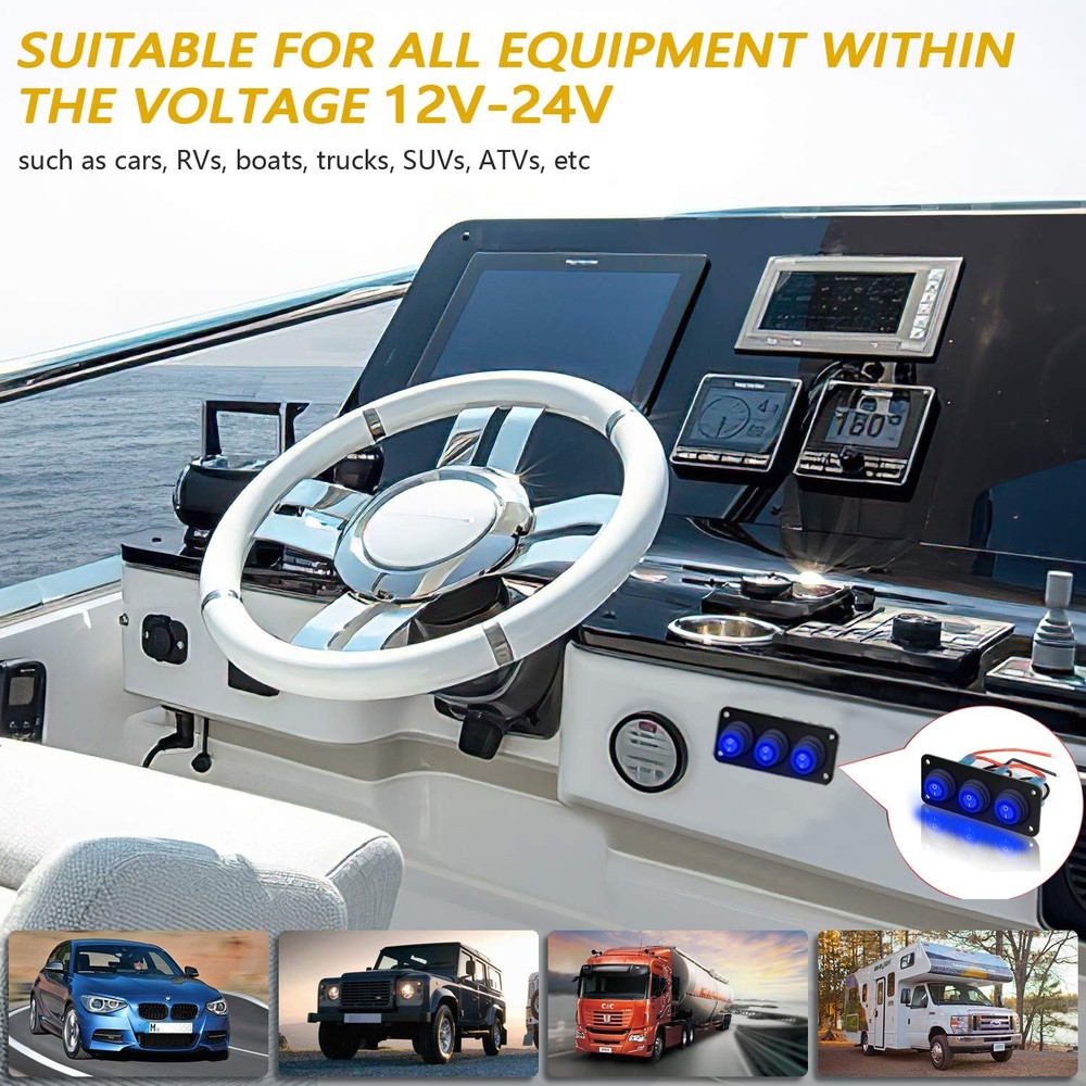 3 Gang Rocker Switch Panel with LED Indicator 12V