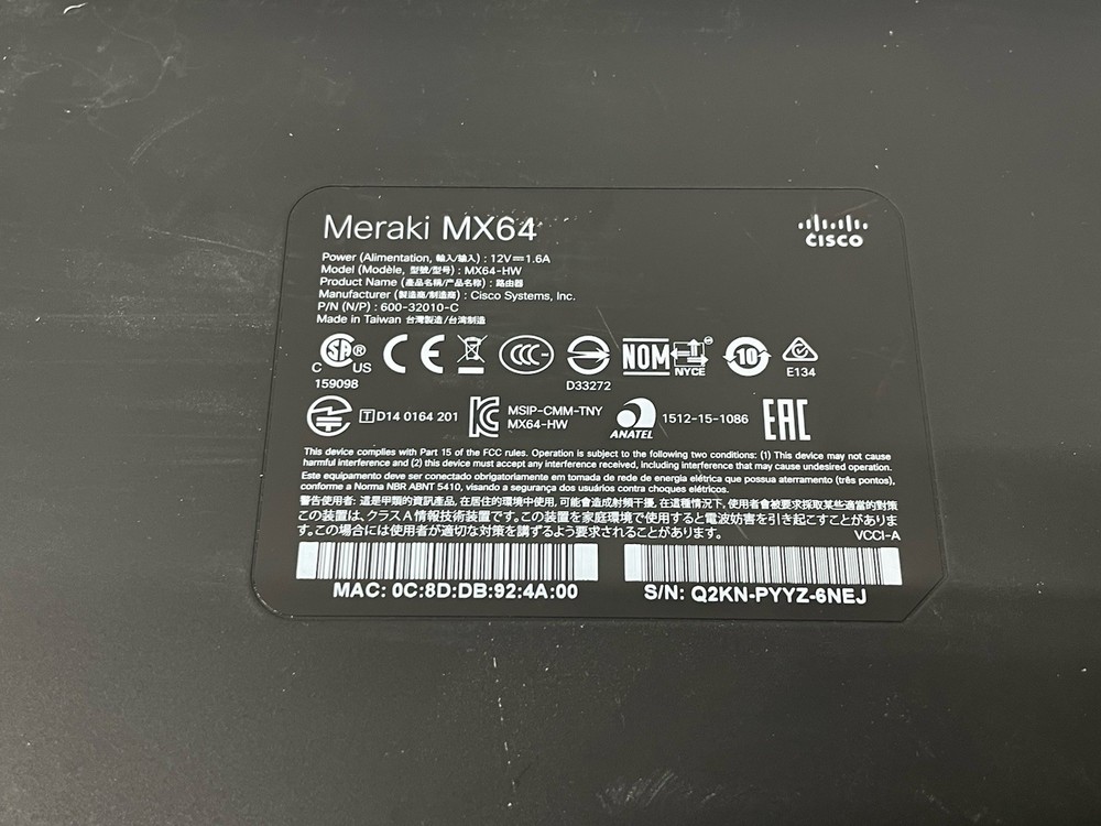CISCO Meraki MX64-HW Cloud Managed Firewall - Untested