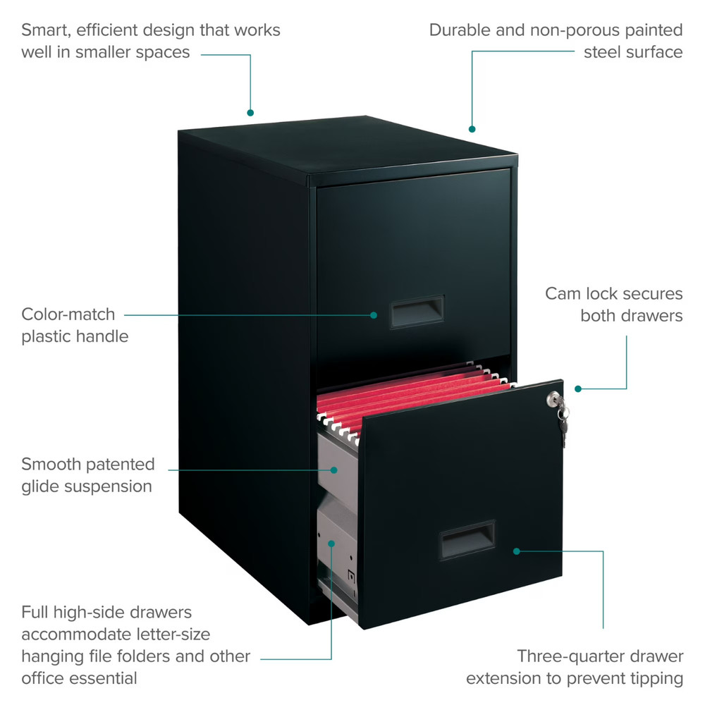18" Deep 2 Drawer Letter Width Vertical File Cabinet, Secure Locking, Black