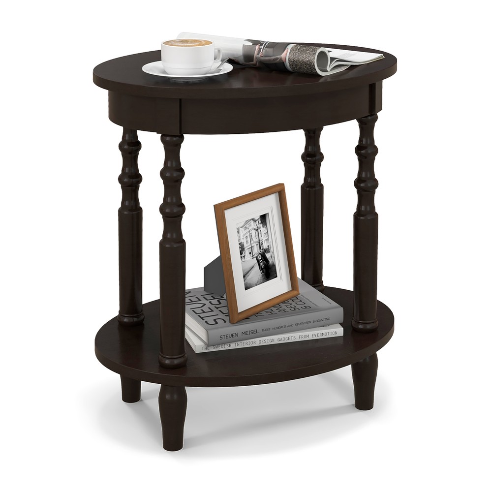 2-Tier End Table Oval Compact Sofa Side Nightstand w/ Storage Shelf Espresso