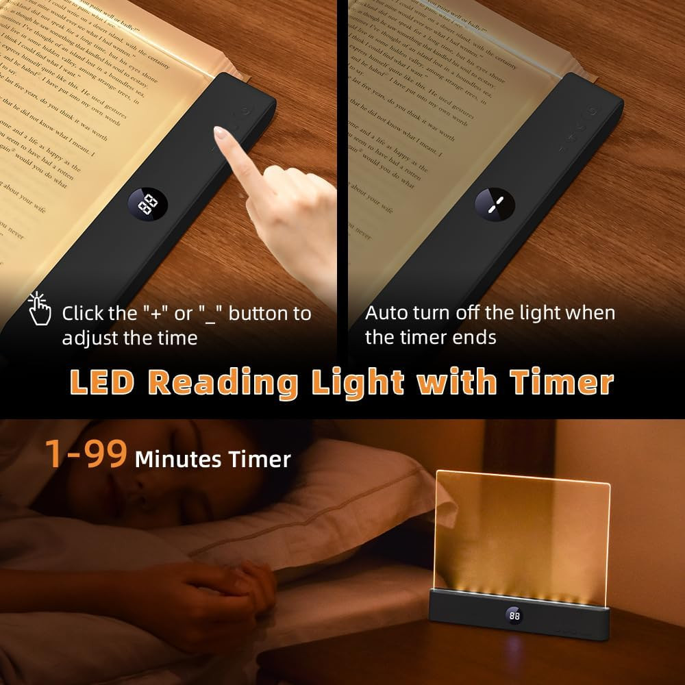 Book Light, Rechargeable Clear LED Flat Reading Light with 3 Colors & Timer, Dim
