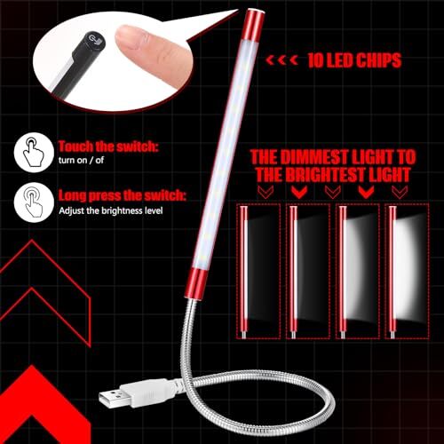 2 Pcs USB Reading Lamps with 10 LED Bead Brightness Dimmable Setting Black, Red