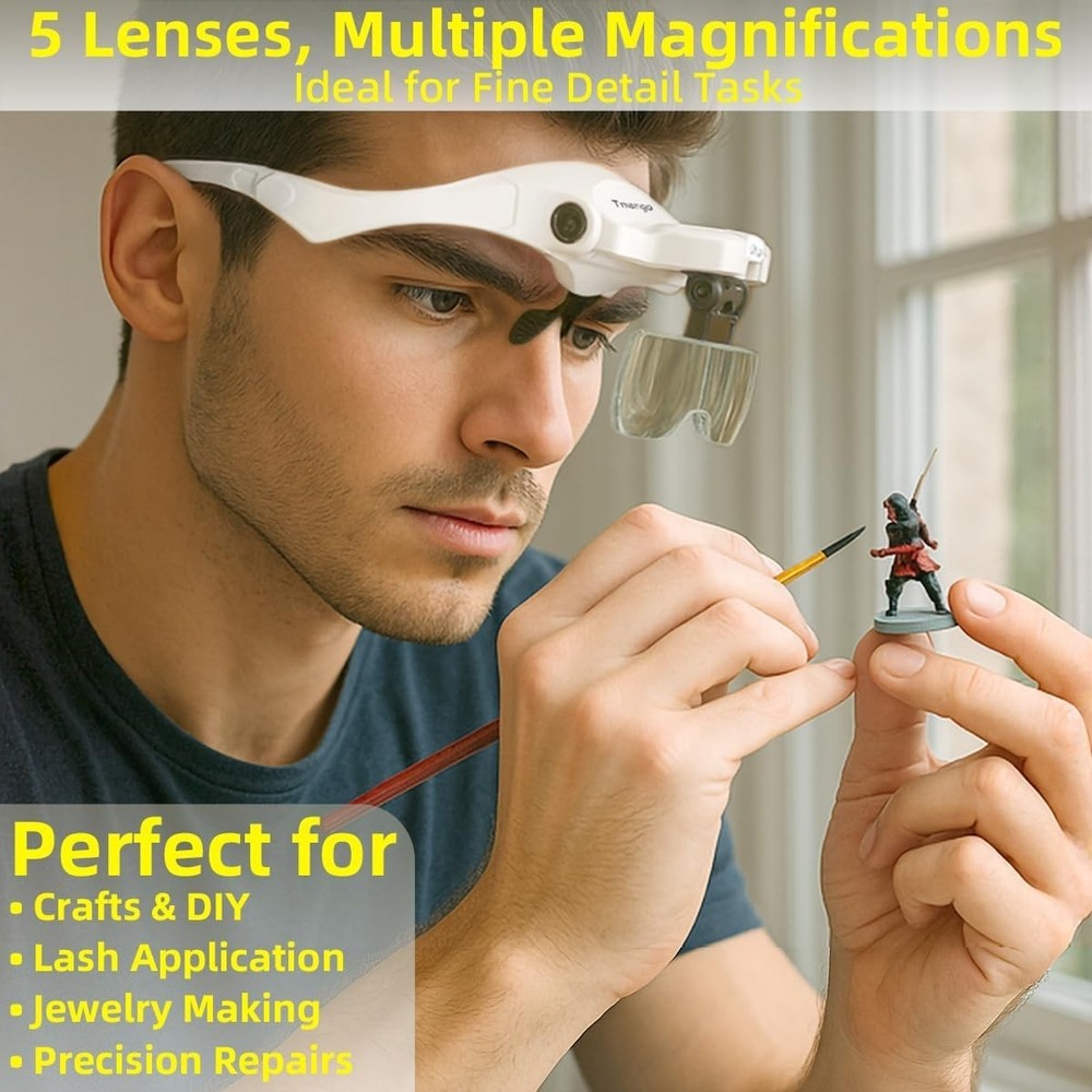 Hands-Free Lighted Magnifying Glasses with Interchangeable Lenses for Crafting