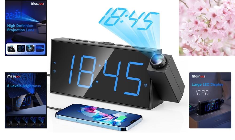Adjustable Brightness Projection Clock with Snooze and Daylight Saving Functions