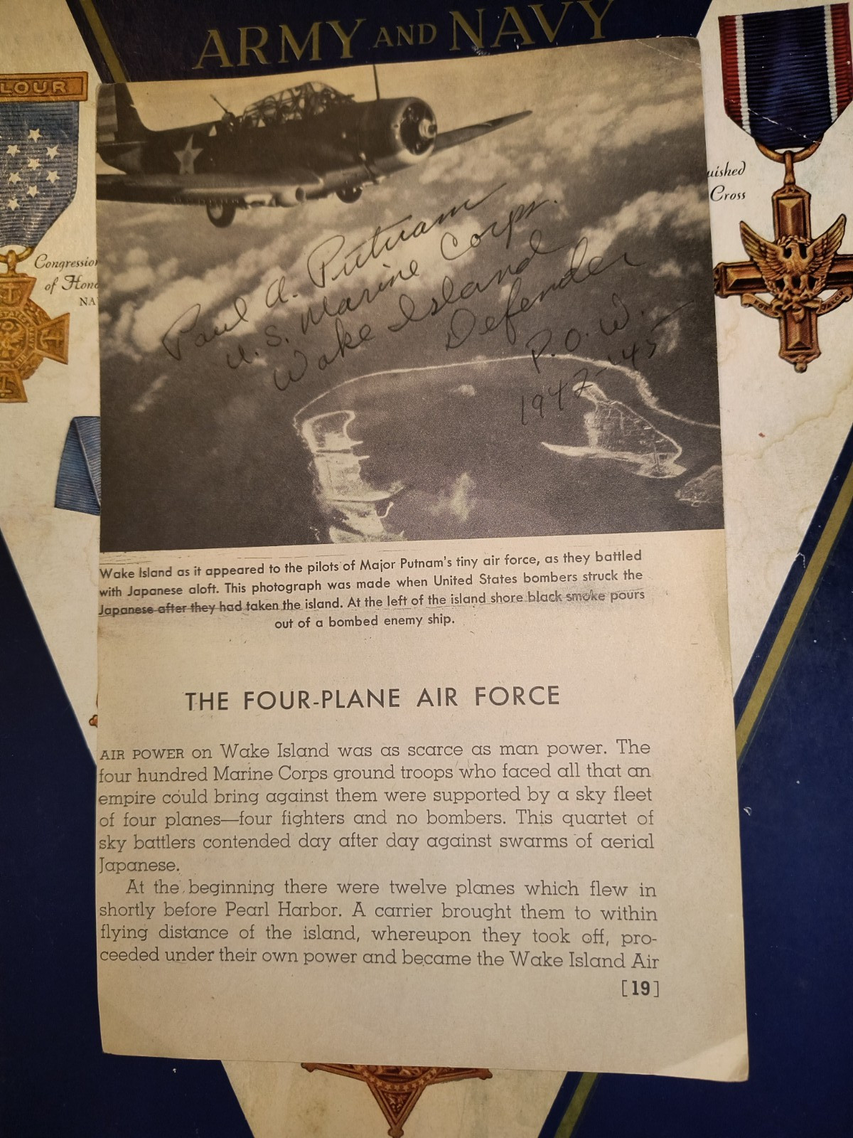 WWII Aviator Wake Island Defender BG PAUL A. PUTNAM, USMC Signed Book Page Photo