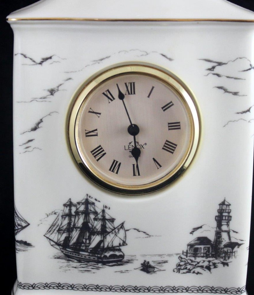 Lenox Scrimshaw Pattern Mantle Clock Seabirds Ocean Ships NOT WORKING NEEDS BATT