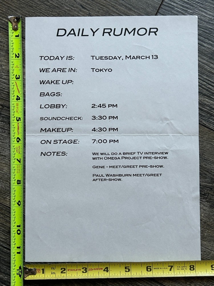 KISS Farewell Tour Itinerary Schedule Tokyo Japan March 13 2001 Vintage Kiss