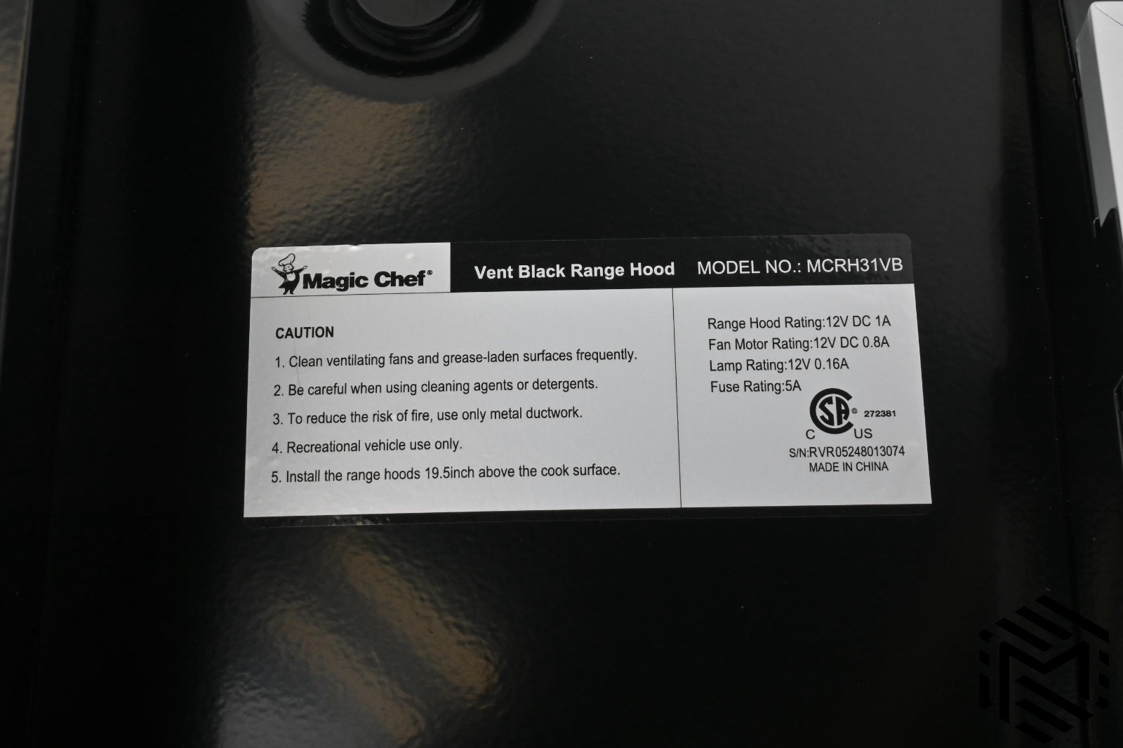 Scratched - Magic Chef MCRH31VB Range Hood – Black - RV Vent Hood - 12V 1A DC