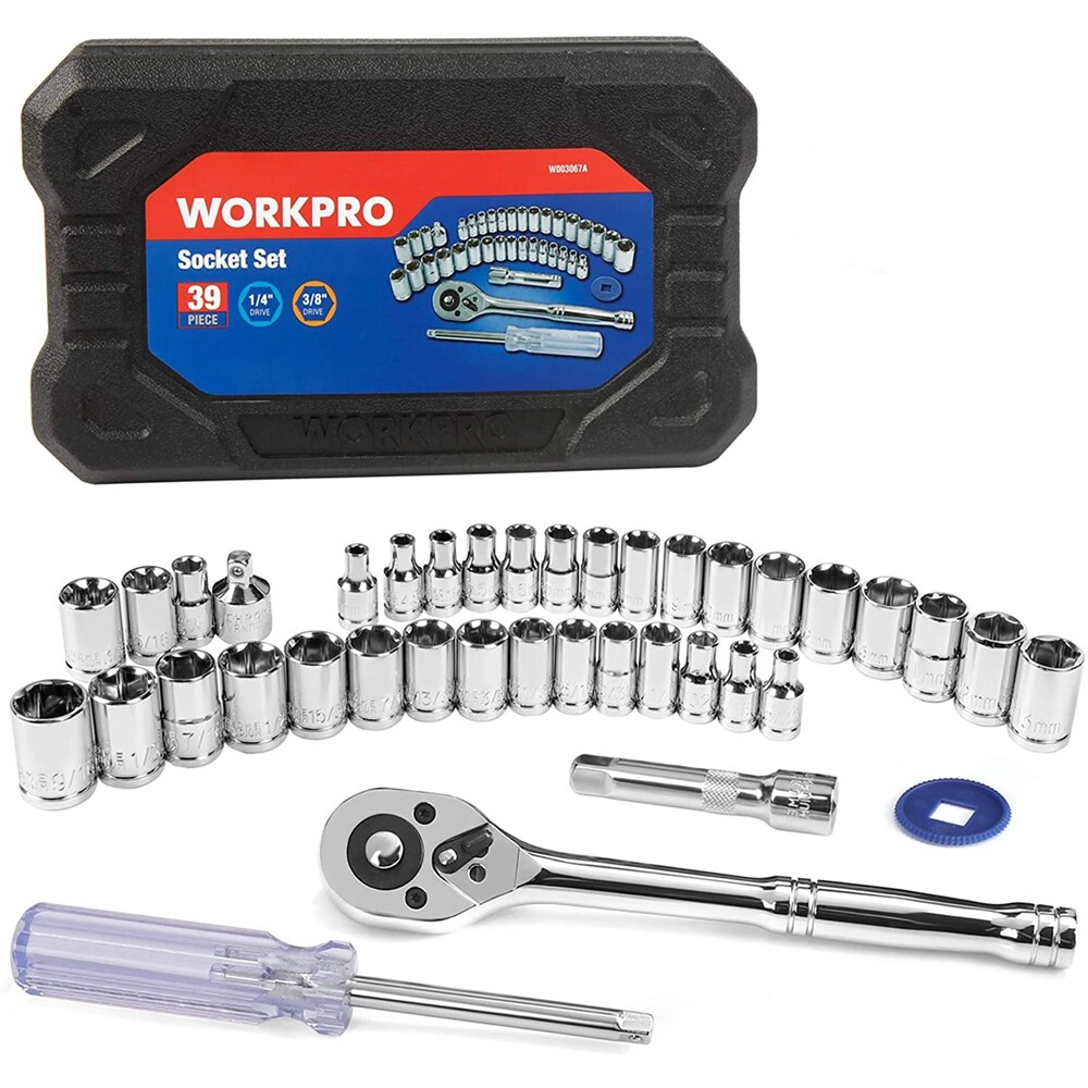 WORKPRO 39PCS Drive Socket Set 1/4" 3/8" Socket Wrench Set Metric SAE With Case