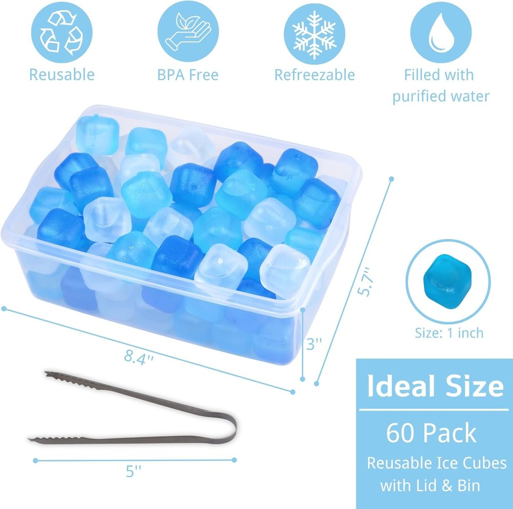 Reusable Ice Cube with Lid & Bin, 60 Pack Plastic White & Blue - 60