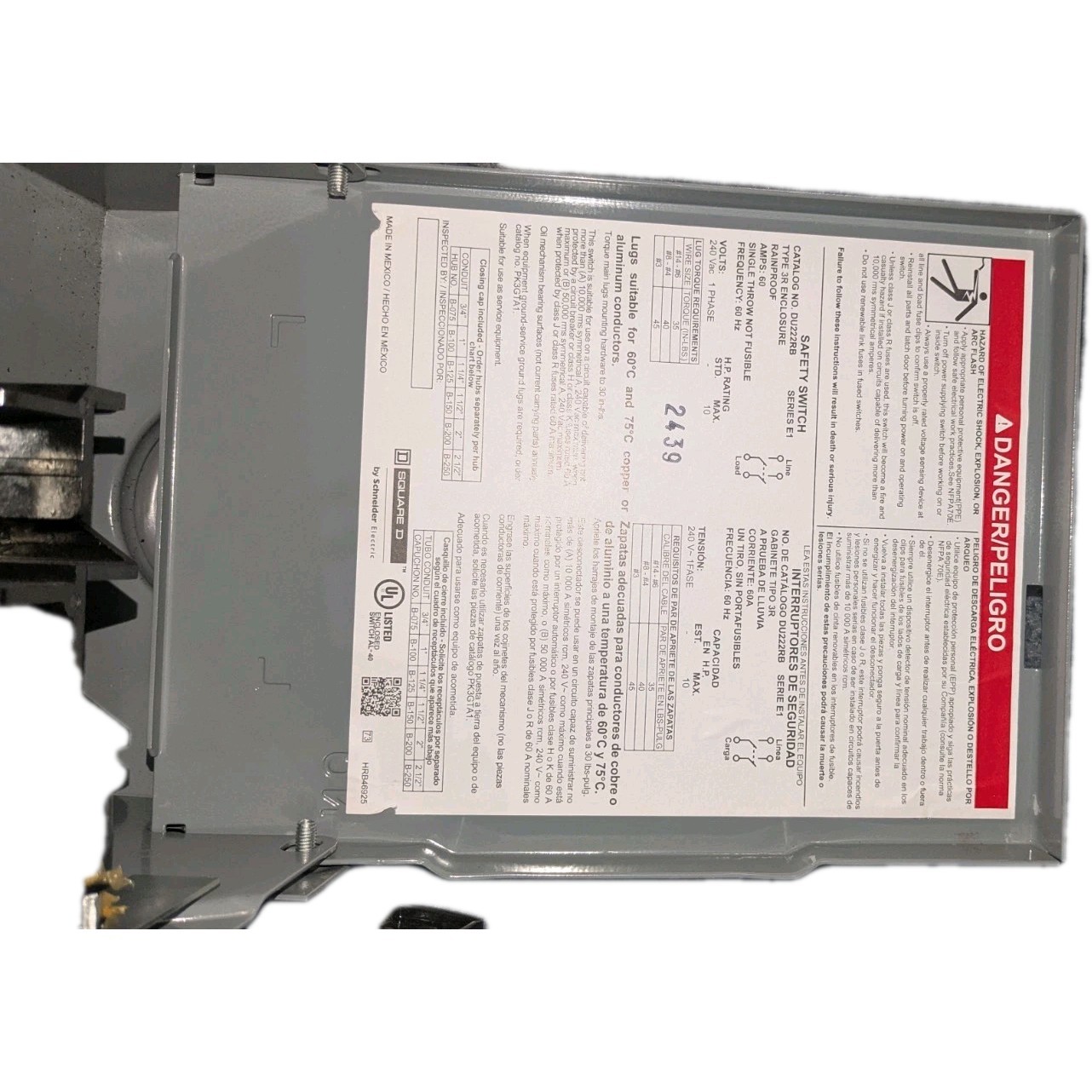 Square D DU222RB Rainproof, Non-Fusible, 60A, 2 pole, 240VAC- New