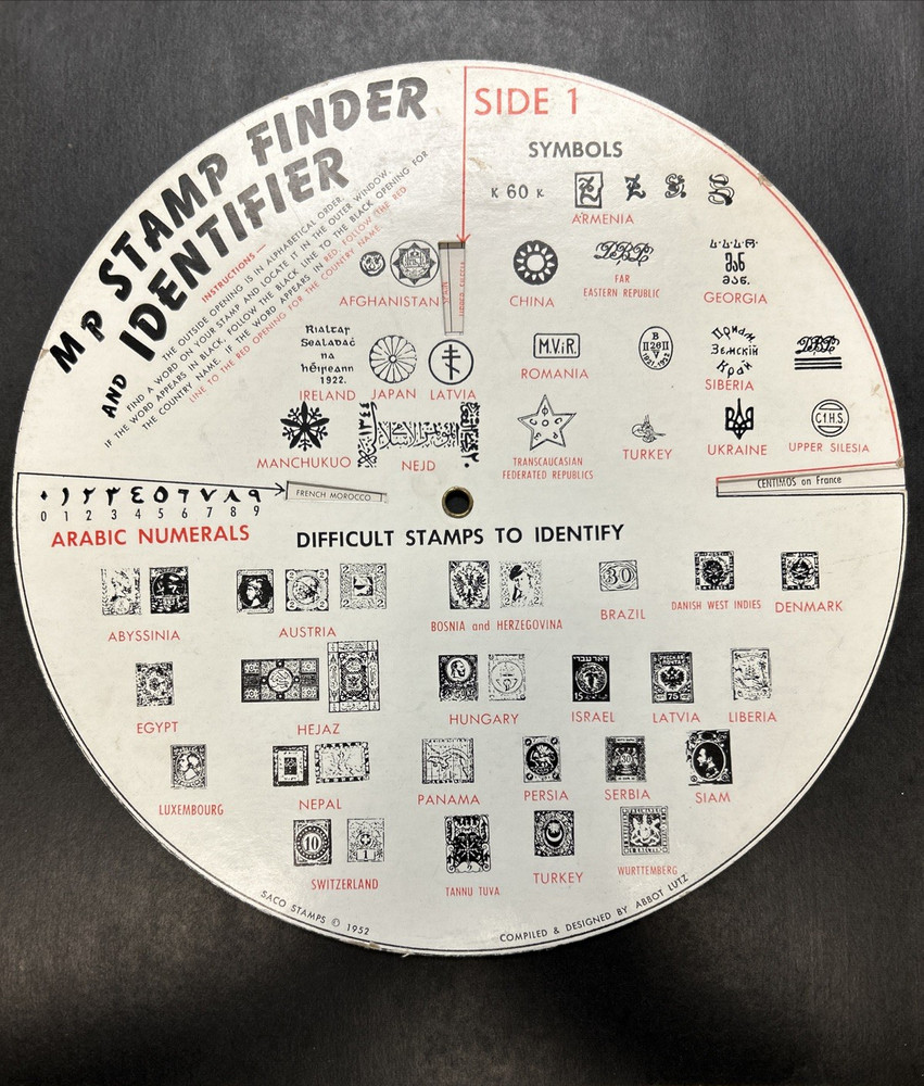1952 Saco MP Stamp Finder Identifier Lutz Wheel Symbols Greek Arabic Vintage OOP