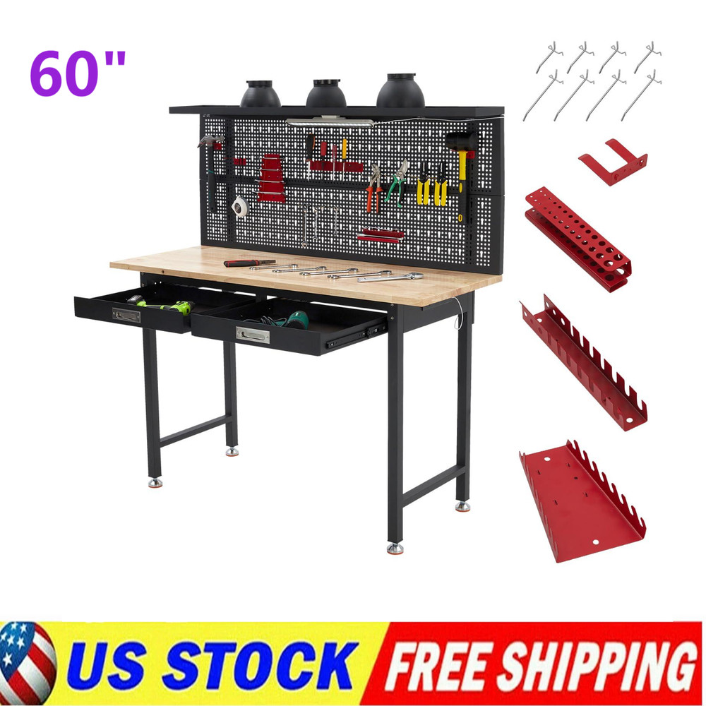 🔝60" Adjustable Heavy Duty Workbench 2000 LBS Work Table with 2 Drawers LED Lig